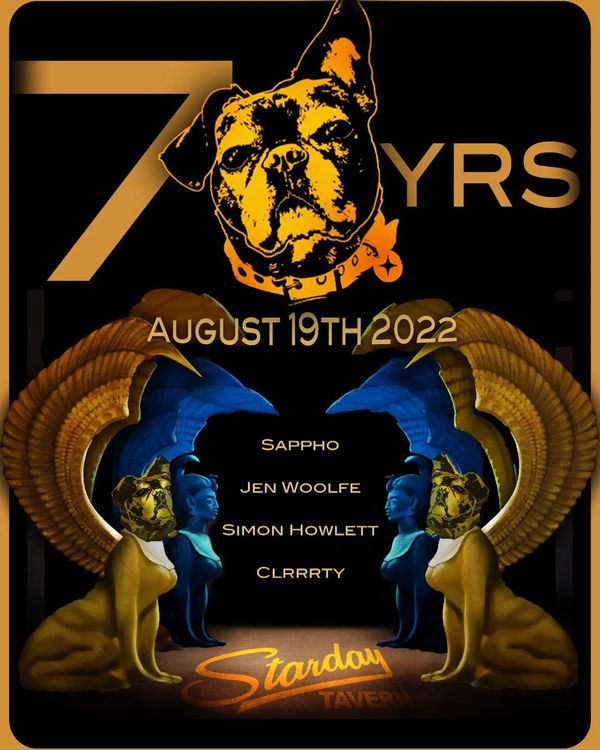 Flyer for a seventh-anniversary party on August 19th, 2022, featuring Jen Woolfe