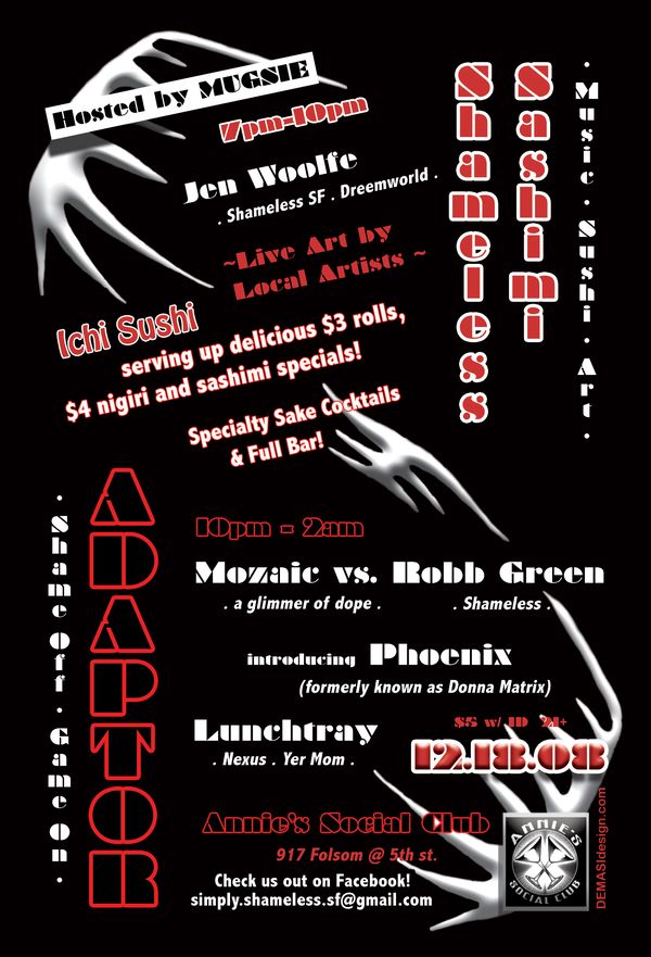 Flyer for Adaptor, 12.18.08 at Annie’s Social Club, San Francisco, with Jen Woolfe — back