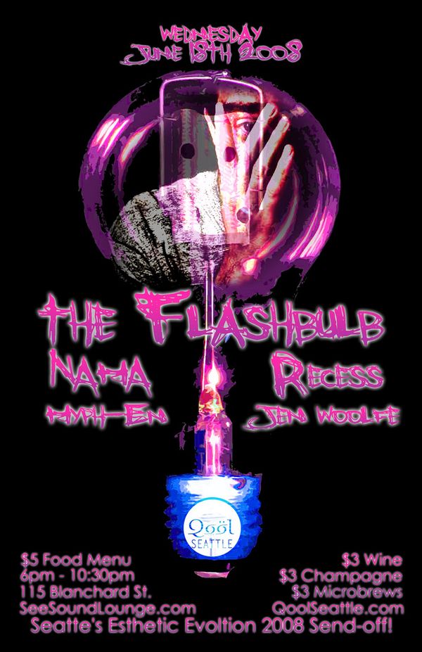 Flyer for The Flashbulb, Wednesday June 18th 2008 at SeeSound Lounge, Seattle, with Jen Woolfe