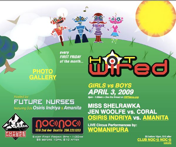 Flyer for HotWired, April 3, 2009 at Noc Noc, Seattle, with Jen Woolfe vs. Coral