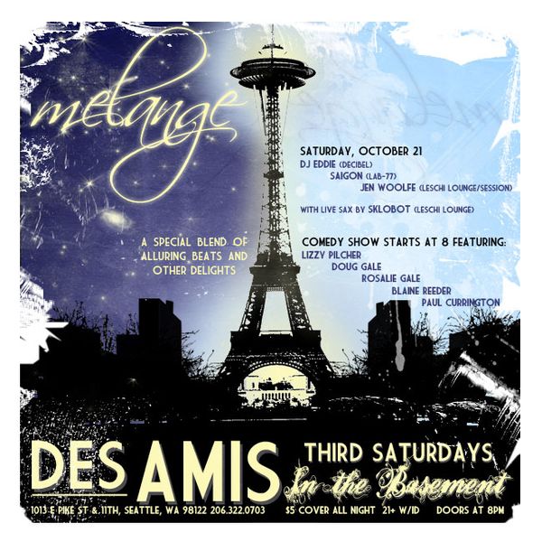 Flyer for Mélange at Des Amis, Seattle, Saturday October 21, with Jen Woolfe